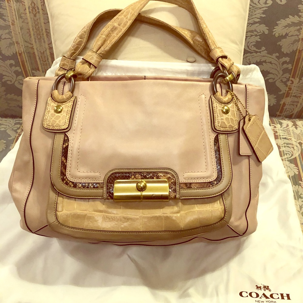 Large Coach Kristin Spectator Tote Bag Exotic Leather Cream Tan Brown